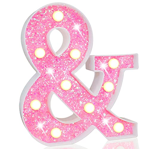 Pooqla LED Marquee Letter Lights, Light Up Pink Letters Glitter Alphabet Letter Sign Battery Powered for Night Light Birthday Party Wedding Girls Gifts Home Bar Christmas Decoration, Pink Letter &