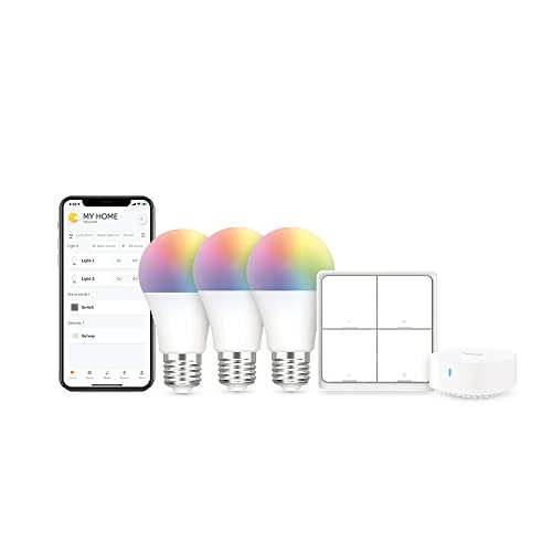 BroadLink Smart Bulbs Starter Kit – 3 A19 Bluetooth Color Changing Light Bulbs with Music Sync, 1 Wireless Scene Switch and Hub Included, 16 Million Colors, Works with Alexa, Google Home, 5 Piece Set