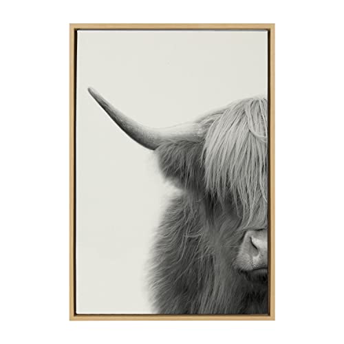 Kate and Laurel Sylvie Hey Dude Highland Cow Crop Framed Canvas Wall Art by The Creative Bunch Studio, 23×33 Natural, Farmhouse Rustic Wall Décor