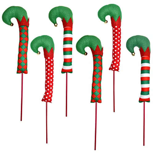 Gift Boutique Christmas Elf Leg Picks Plush Stuffed Feet with Elves Shoes Sticks with Jingle Bells Red, Green and White Colors Set of 6 Tree Ornament Decorations