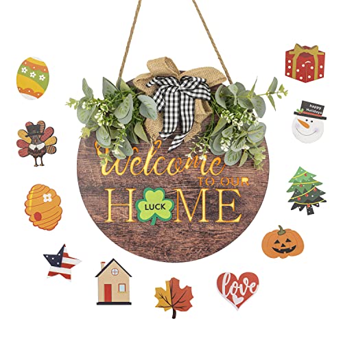YIWOLIT Interchange Welcome Sign for Front Door Decor – Hanging LED ”WELCOME TO OUR HOME” with Interchangeable Holiday Decoration – Seasonal Home Porch Door Sign Decor (WOODEN)