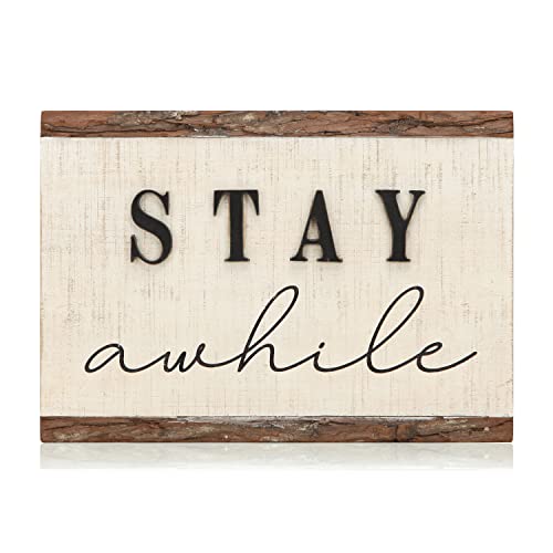 NIKKY HOME Stay Awhile Farmhouse Style Wooden Framed Sign Rustic Style Wall Decor Sign Home Slat Hanging Frame Wall Plaque Gift For Friends Living Room Bedroom Farmhouse Entryway Sign 16″x11″