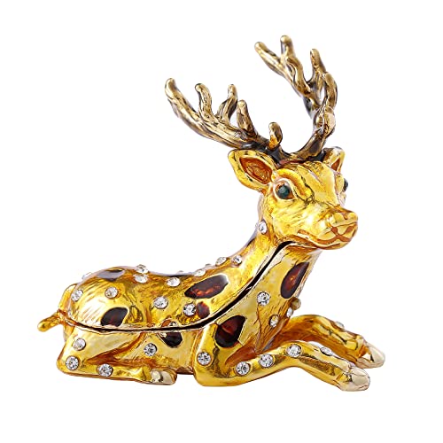 Ingbear Cute Gold Sika Deer Figurine Hinged Trinket Boxes, Unique Gift for Valentine’s Day, Hand-Plated Enameled Jewelry Box, Animals Ornaments for Home Decor