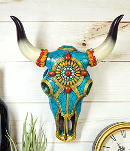 Ebros 11″ High Western Southwest Steer Bison Buffalo Bull Cow Skull Head with Mosaic Turquoise Gold and Red Aztec Sun Geometry Design Wall Mount Decor Native Indian Sacred Animal Totem Skulls