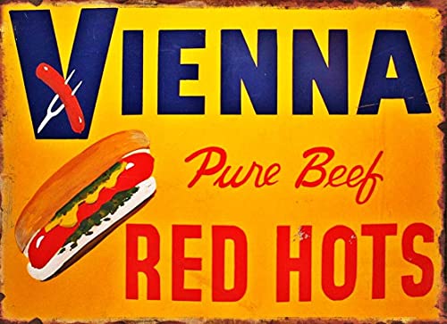 Krouterebs Vienna Red Hots Hot Dog Food Restaurant Snack Vintage Metal Tin Signs Bar Pub Man Cave Novelty Funny Posters Bathroom Retro Parlor Cafe Garage Plaque Holiday Tin Signs Wall Decor 8×12 Inch