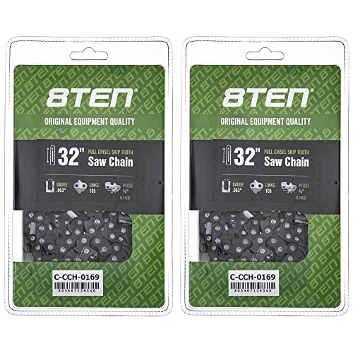 8TEN Full Chisel Skip Tooth Chainsaw Chain 32 Inch .063 3/8 105DL For Husqvarna 372XP Poulan 475 Jonsered 2165 (2 Pack)