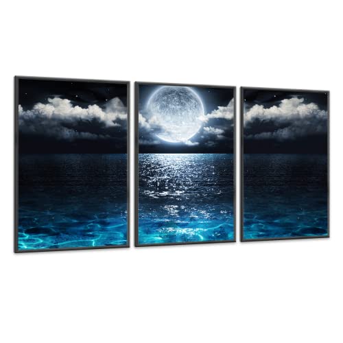 JKKL 3 Pieces Canvas Wall Art Framed Pictures For Living Room Posters Prints Moon in Cloud Blue Clear Ocean Seascape Bathroom Bedroom Home Decor Ready To Hang Paintings Room Decoration (8 X 12 inch)