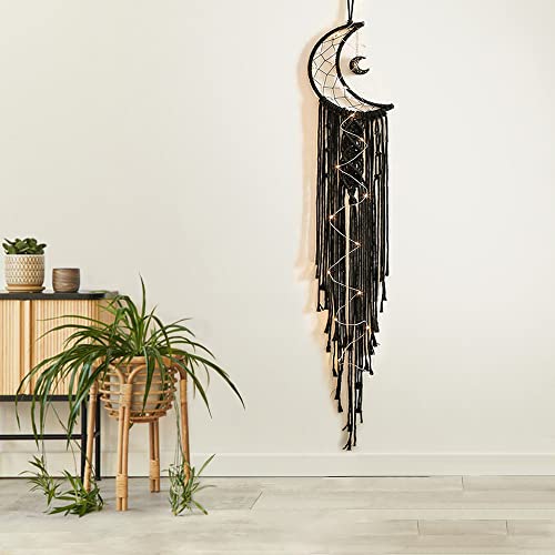 MGahyi Moon Star Dream Catcher Decor,Macrame Woven Dreamcatcher with Light,Bohemian Wall Hanging Decoration,Bedroom,Home Decoration (Black Moon)