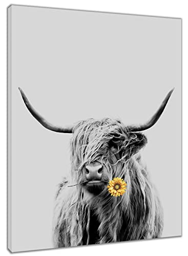HVEST Highland Cow Wall Art,Funny Farm Animal Grey Bull and Sunflower Canvas Abstract Painting Farmhouse Framed Artwork Ready to Hang for Bathroom Bedroom Living Room Dorm Wall Decor,16×20 Inches