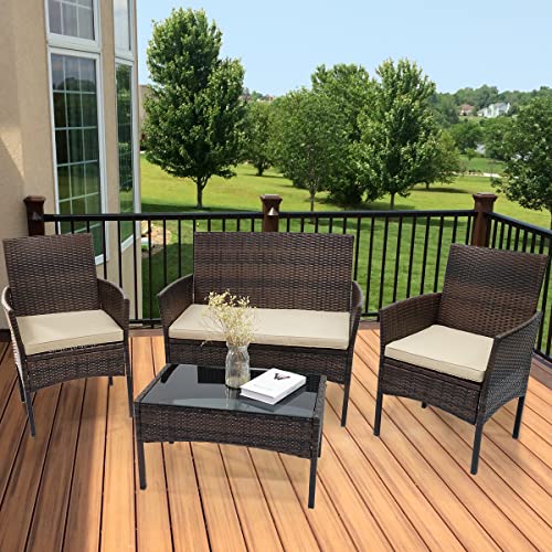 Patio Furniture Set, 4 Pieces Porch Backyard Garden Outdoor Furniture Rattan Chairs and Table Wicker Conversation Set with Beige Cushions
