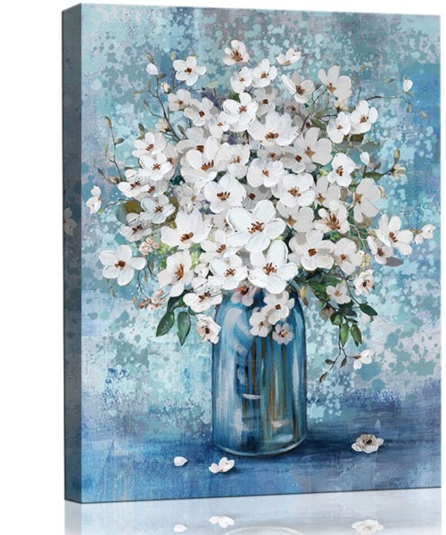 Jufahivos Bathroom Decor Wall Art White Flower in Blue Bottle Theme Picture Canvas Print Artwork Canvas Print Framed for Wall Decor for Bedroom Aesthetic Ready to Hang for Kitchen Office Decorations