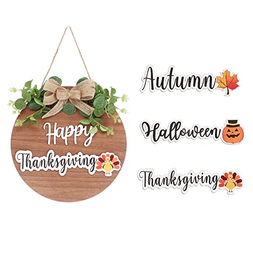 Thanksgiving Wreath Interchangeable Happy Sign Front Door Decorations, Seasonal Rustic Round Wood Wreaths Wall Hanging Decor, for Home Porch Indoor/Outdoor Autumn Halloween Thanksgiving Party Decor
