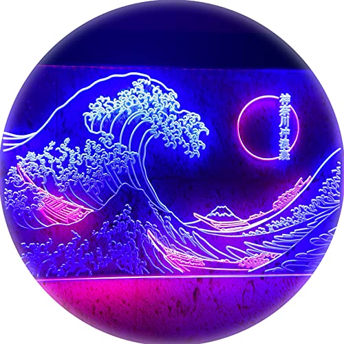 The Great Wave Off Kanagawa Neon Sign for Wall Decor, Retro Handmade Home Bar Man Cave Japanese Wave LED Sign, 3D Art Bedroom Neon Light Aesthetic Ocean Wave Boat Mens Gift – Blue & Pink 12″ x 8″