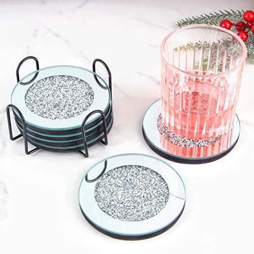 Crushed Glass Coaster Set of 6 Glass Mirrored Coaster, Diamond Crystal Coasters, Silver Cup Mat with Black Coasters Holder (Silver)