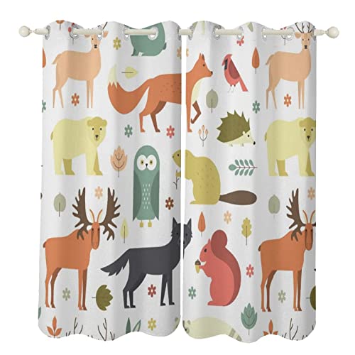 Nature Forest Kids Curtains 2 Panels, Animals Fox, Bear, Wolf, Squirrel Blackout Window Treatments, Thermal Insulated Grommet Drapes for Bedroom Living Room Home Decor (42″ W x 63″ L)