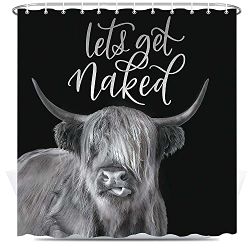 Hajmsug Get Naked Highland Cow Shower Curtain, Funny Bull Western Animals Cute Wildlife Black Bath Curtain, Waterproof Polyester Fabric Bathroom Accessory Sets with Hooks, 69 x 70