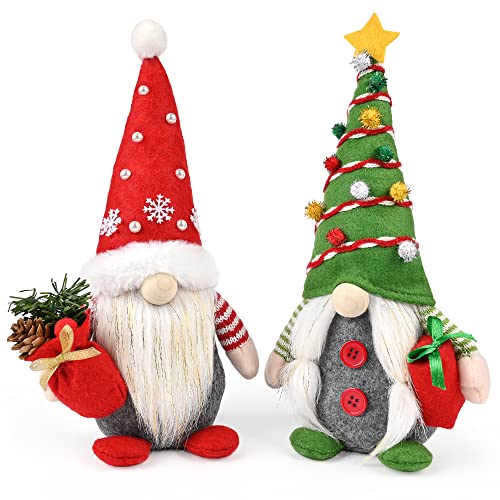 D-FantiX Christmas Gnomes Decorations, 2PCS Handmade Swedish Tomte Xmas Gnomes Plush Ornaments, Scandinavian Santa Figurines with Pine Cone Gift, Elf Doll Christmas Table Home Decorations(12 Inches)