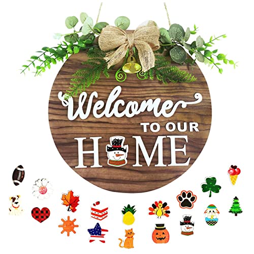 Interchangeable Seasonal Welcome Sign Front Door Decoration, Rustic Round Wood Wreaths Home Decor Wall Hanging Outdoor Farmhouse, Porch , for All Seasons Holiday Halloween Christmas – 18 Icons