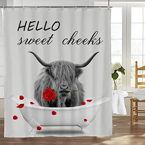 Highland Cow Shower Curtain Funny Cute Cattle with Rose in Bathtub Shower Curtains with Hooks, Cheeks Farmhouse Bull Longhorn Cow Waterproof Fabric Bathroom Decor Curtain 60×72 Inch