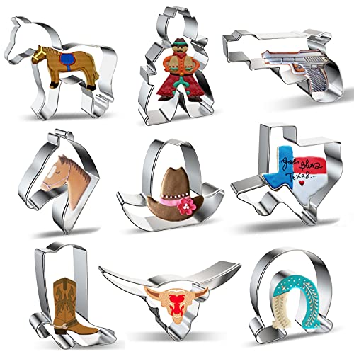 Western Texas Cookie Cutter Set for Baking- 9 Piece Stainless Steel Cookie Cutters Shapes with Handgun, Horse, Horse Head, Cowboy, Hat, Boot, Horseshoe Longhorn Cookie Cutters Biscuit Fondant Molds