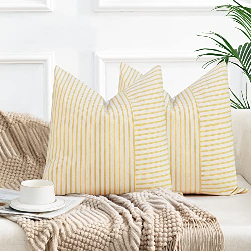 Farmhouse Pillow Covers 20×20, Modern Accent Square Throw Pillow Covers Set of 2, Yellow and Beige Striped Patchwork Linen Decorative Pillows Cushion Covers for Couch Chair Bedroom Fall Decorations