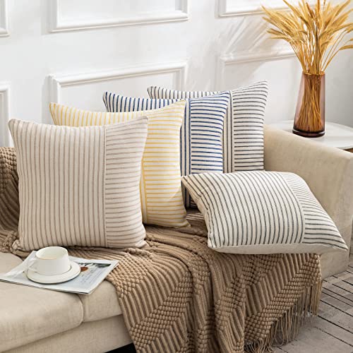 Farmhouse Pillow Covers 20×20, Modern Accent Square Throw Pillow Covers Set of 2, Yellow and Beige Striped Patchwork Linen Decorative Pillows Cushion Covers for Couch Chair Bedroom Fall Decorations | The Storepaperoomates Retail Market - Fast Affordable Shopping