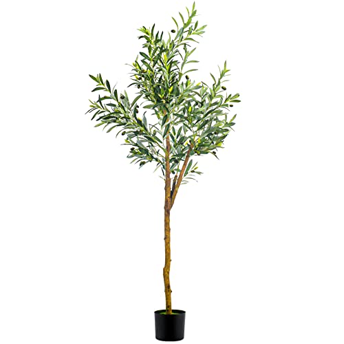 Olive Artificial Silk Tree Faux Potted Olive Silk Tree with Planter Large Faux Olive Branches and Fruits Artificial Tree for Modern Home Office Living Room Floor Decor Indoor (5FT)