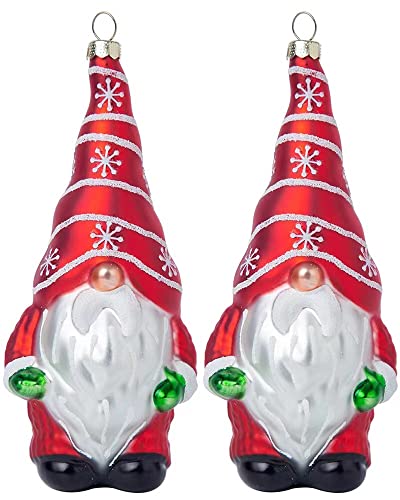 Set of 2 Glass Hanging Gnome Christmas Ornaments, Hand Blown Glass Xmas Gnome Ornaments for Christmas Tree Decorations, Red Glass Swedish Tomte Santa Gnomes