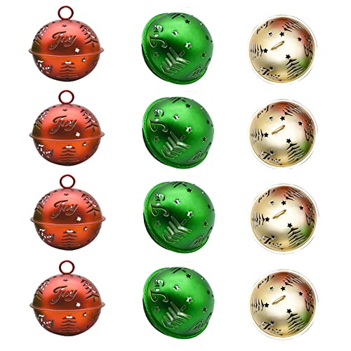 Pinenjoy 12Pcs 2.5inch Christmas Jingle Bell with Tree Star Joy Hollow Pattern 63mm Large Craft Bell Metal Sleigh Bell for Festival Home Wreath Garland Decor