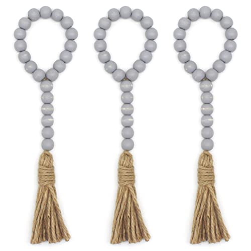 CVHOMEDECO. Wood Bead Garland with Tassels 3 PCS Farmhouse Rustic Wooden Prayer Beads String Wall Hanging Accent for Home Festival Decoration. Grey Distressed
