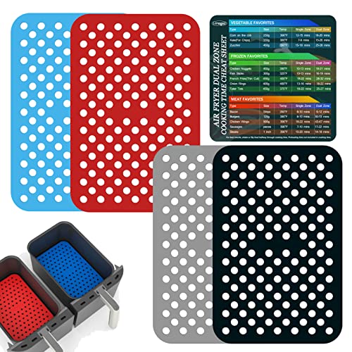 Dual Basket Silicone Air Fryer Liners Pack of 4, Reusable, with Magnetic Cheat Sheet for Ninja Foodie/DUALZONE and Other Dual Basket Air Fryer Kitchen Accessories