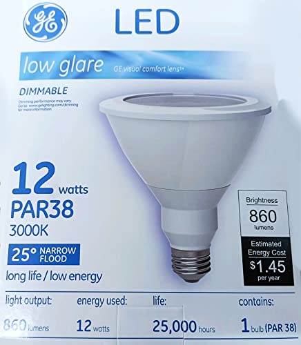 GE 84463 LED Low Glare PAR38, 12 watt, Dimmable, 860 lumens, 3000K, LED Narrow Flood Light Bulb with Visual Comfort Lens