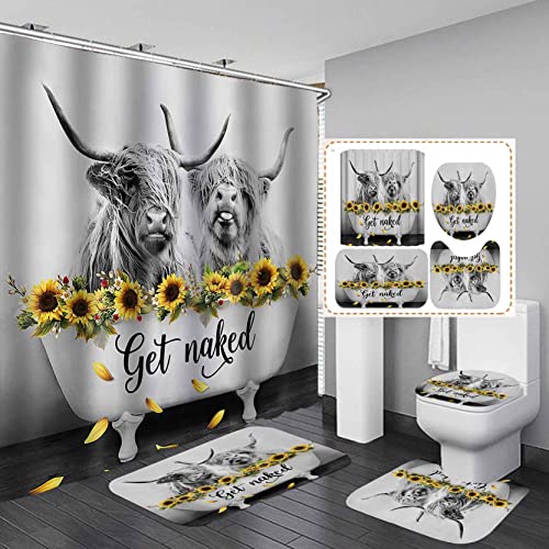 Dia Magico 4PCS Funny Highland Cow Shower Curtain Set, Get Naked Yellow Sunflower Floral Bull Longhorn Farm Animal Western Country Rustic Farmhouse Bathroom Decor, Non-slip Bath Mat, Cattle in Bathtub