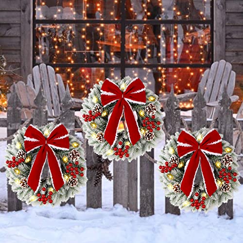 3 Pcs Lighted Christmas Wreaths, 13 Inch Pre-lit Mini Xmas Wreath with Red Bow, Pine Needle Wreath with LED Lights, Light Up Christmas Wreath for Front Door Holiday Wall Christmas Party Decor