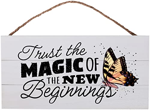 Trust The Magic of The New Beginnings Sign for Home Decor – Wooden Plank Rustic Farmhouse Decor Sign (13.75 x 7 inches)