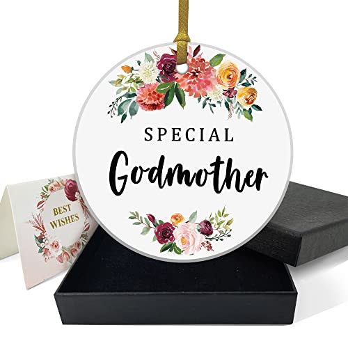 REWIDPARTY Best Gifts for Godmother from Godchild Special Godmother Christmas Ornament Birthday Decoration Keepsake Sign Round Plaque Gifts 3″ Circle Ceramic Ornament with Gold Ribbon & Gift Box