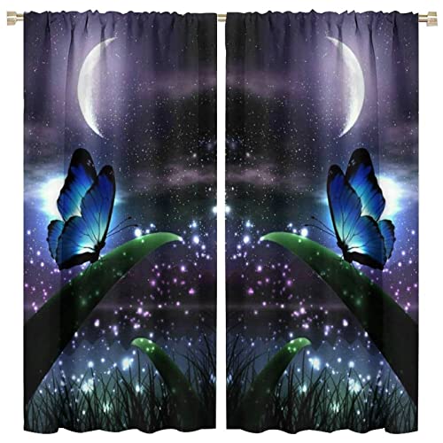 NC Fantasy Starry Moon Colorful Butterfly Theme Art Curtains Blackout Curtains Panels Drapes Dining Room Cafe Studio Living Room Bedroom Decoration 42x54in