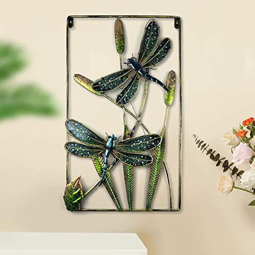 Dragonfly Wall Decor Art Light – Home Metal Frame Hanging Decorations – Nice Holiday Gift Ideas for Women – Blue Glass Wings Design for Indoor, Kitchen, Vestibule, Stair-Wall, Restroom, Door Outside