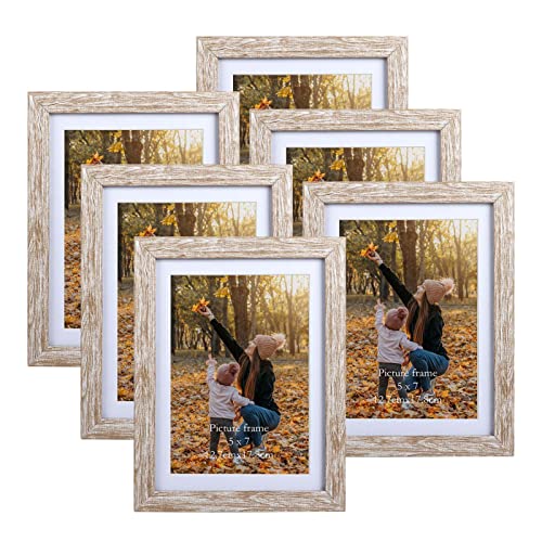 5×7 Picture Frame Set Matted to Display Photos 5×7 with Mat or 6×8 Without Mat for Wall and Tabletop Decoration, 6 Pack Rustic White Wood Pattern Frames