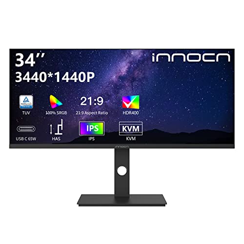 INNOCN 34″ Ultrawide Monitor 21:9 WQHD 3440 x 1440p IPS Display 100% sRGB 75Hz Adaptive Sync HDR400 USB Type-C Monitor, Ultra Narrow Bezels, Height Adjustable, Mountable – 34C1Q
