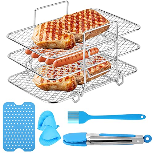 7 Pcs Air Fryer Rack Kits，Three Layers Air Fryer Dewatering Rack, Food Tongs, Oil Brush, Air Fryer Liner And 2 Silicone Oven Gloves Compatible With Ninja Foodi Dz201/401