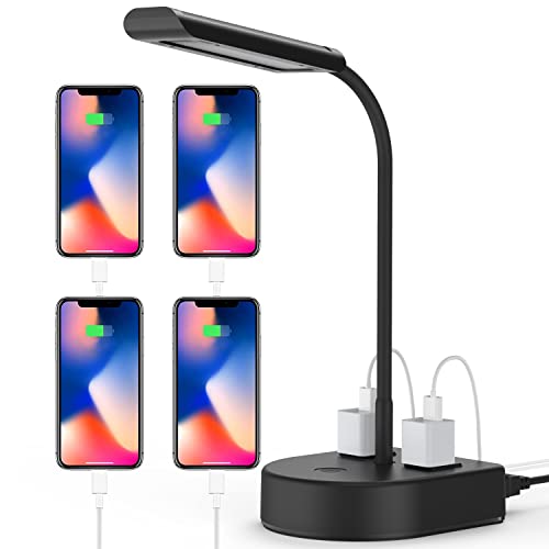 Aepto LED Desk Lamp with 2 USB Charging Ports and 2 AC Outlets,Bright Reading Light, 3-Level Dimmable,Adjustable Gooseneck Small Table Lamp for Home Office Book Nail Work Dorm