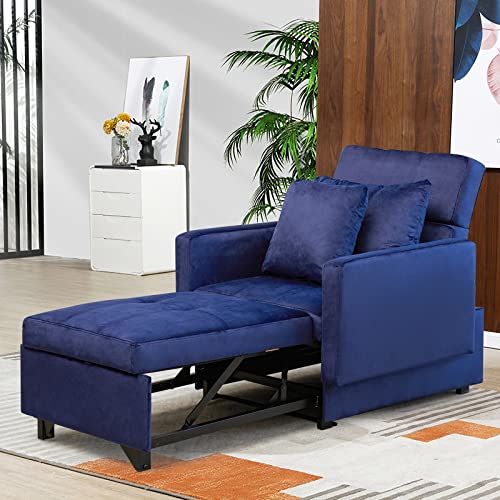 CDCASA Convertible Chair Bed, 3-in-1 Sleeper Chair Sofa with Adjustable Backrest, 2 Pillows, Into a Lounger Chair, Sofa Bed, Armchair for Living Room, Small Spaces, Apartment, PLush Fabric Blue, 1 PCS