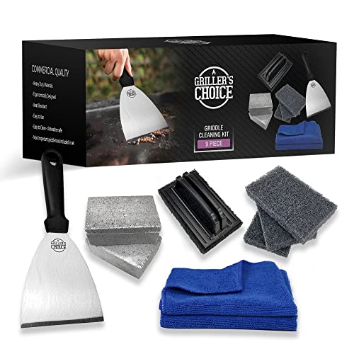 Grillers Choice Griddle Cleaning Kit, Flat Top Grill Set-Cleaning Blocks, Scouring Pads, Cleaning Brush, Scraper. All in One Grill Cleaning Kit (CleaningKitNEW)