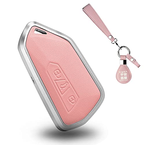 SANRILY Silver Metal Frame & Genuine Leather Key Fob Cover For VW ID.4 ID.3 Golf 8 2020 Skoda Octavia Seat Leon Ateca Keyless Full Protection Smart Key Case Shell with Keychain Pink