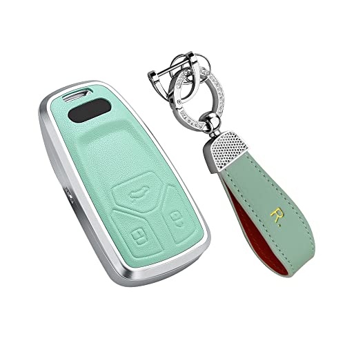 HIBEYO for New Audi Key Fob Cover Compatible with Audi A4 Q7 Q5 TT A3 A6 SQ5 R8 S5 Accessories with Keychains Metal Leather Key Case Shell Protect Original Key-Light Green