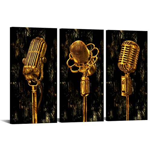 OuElegent 3 Panel Music Artistic Paintings Wall Art Gold Metal Microphone Picture Canvas Giclee Print Modern Artwork for Living Room Bedroom Studio Decor Stretched and Framed Ready to Hang