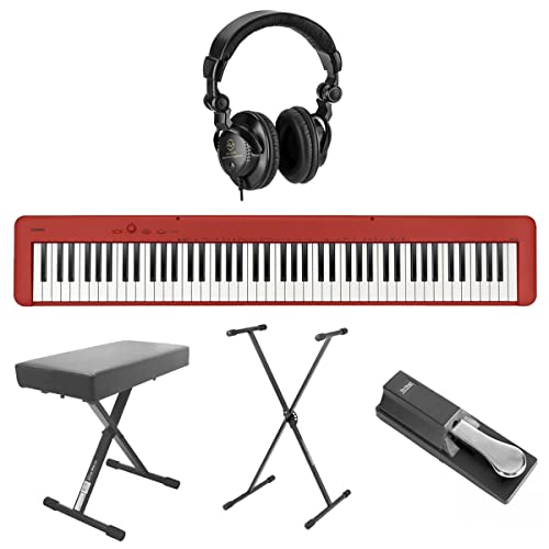 Casio CDP-S160 88-Key Compact Digital Piano Keyboard with Touch Response, Red Bundle with H&A Studio Headphones, Stand, Bench, Sustain Pedal