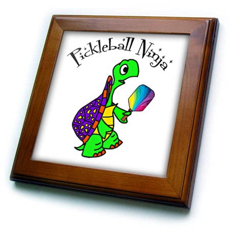 3dRose Cute Funny Turtle Playing Pickleball Ninja Sports Cartoon – Framed Tiles (ft_355815_1)
