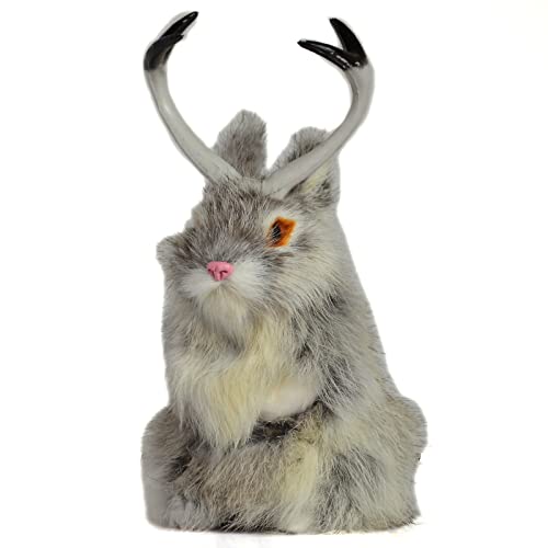 Realistic Jackalope Furry Rabbit with Antlers Figurine Easter Décor Decorative Spring Bunny Replica Artificial Wild Animal Model Holiday Basket Ornaments Photo Props